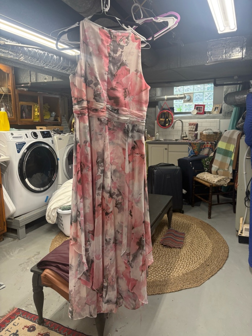 R&M Richards Pink and Gray Floral Maxi Dress